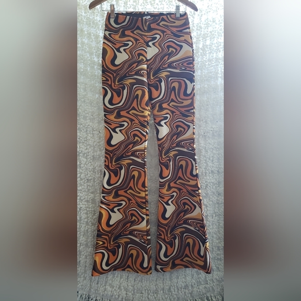 Garage women's psychedelic brown/orange pull-on high waisted flare leggings xs - Picture 2 of 8